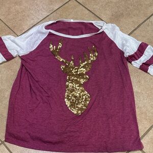 Women’s Burgundy and Gold Sequin Deer Shirt